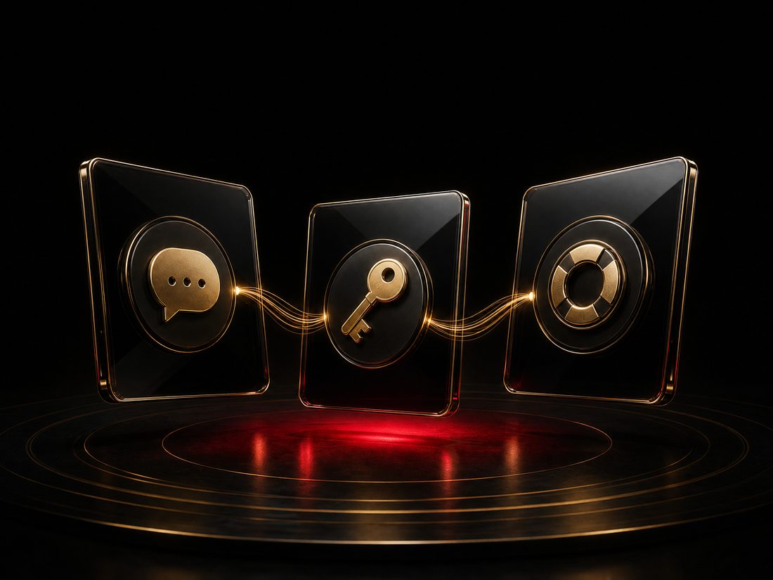 Three black glass panels with gold chat, key and life-ring icons connected by glowing filaments
